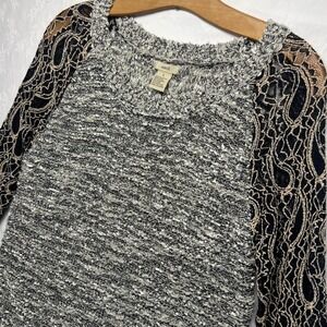 Anthropologie Black Gray Textured Knit Lace Sleeve Sweater Top Boho Chic Size L‎